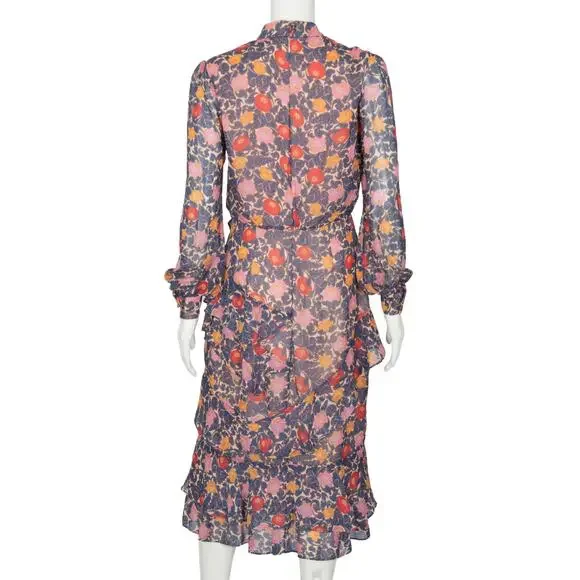 SALONI Royal Blue Silk Chiffon Floral Print Ruffle Accent Midi Dress Size 4 - Picture 2 of 2